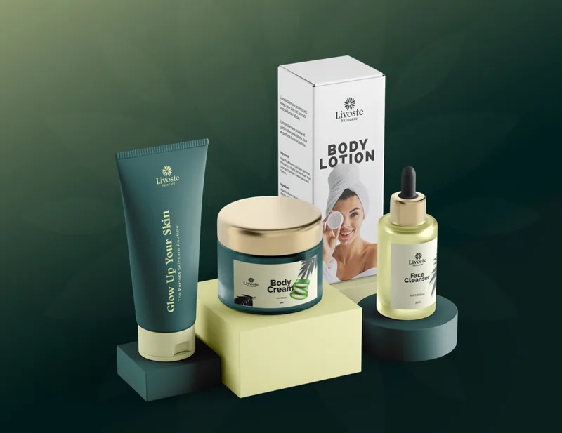 Livoste skincare bottles, jars and packaging in green and pale yellow
